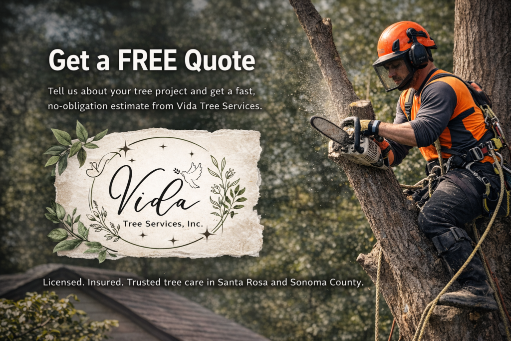 Arborist performing tree removal while offering free quote from Vida Tree Services in Santa Rosa CA